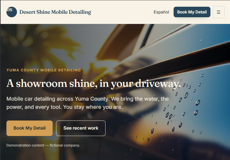 Screenshot of the Desert Shine Mobile Detailing example website built by Yuma Digital