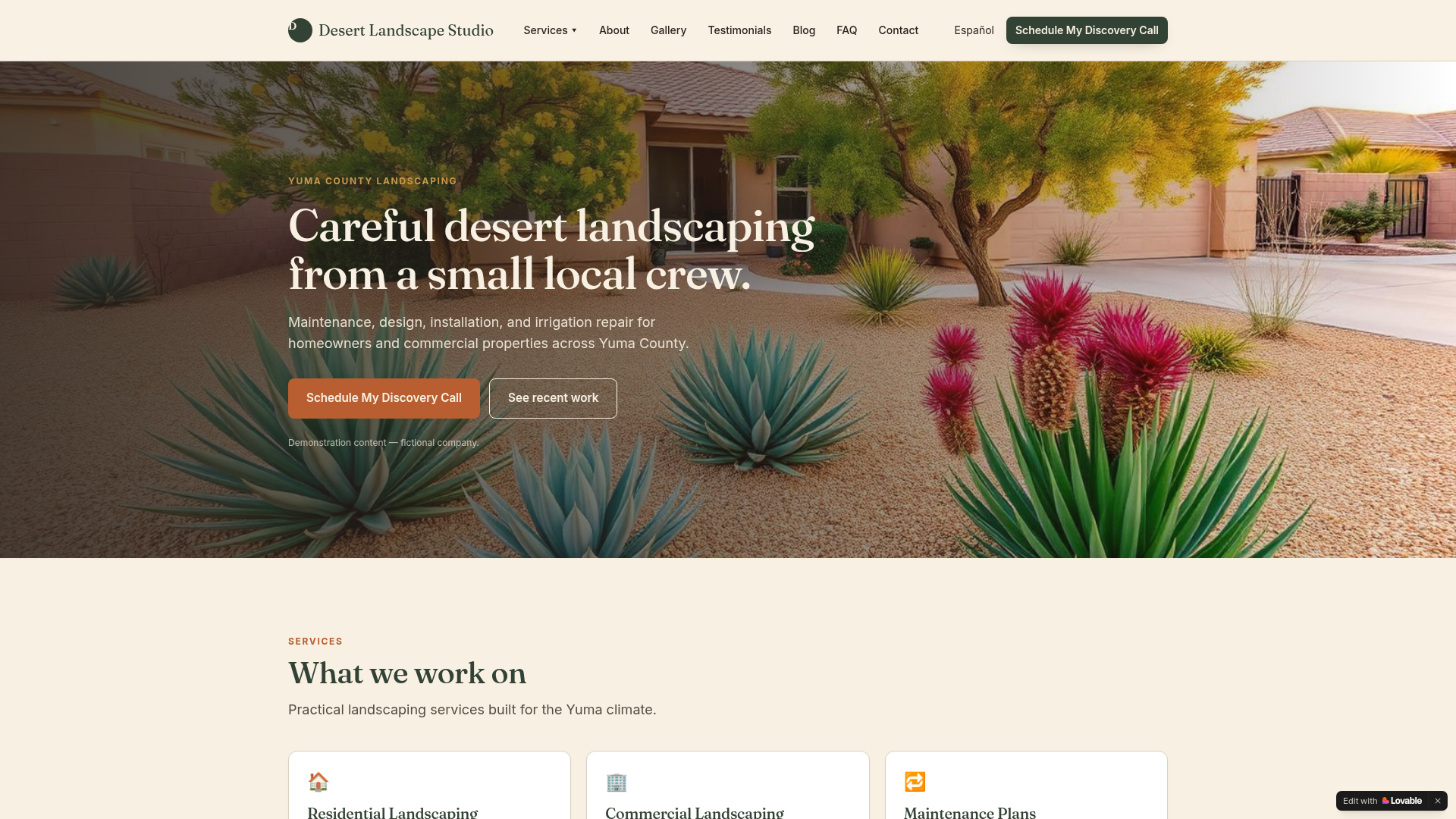 Screenshot of the Desert Landscape Studio example website built by Yuma Digital